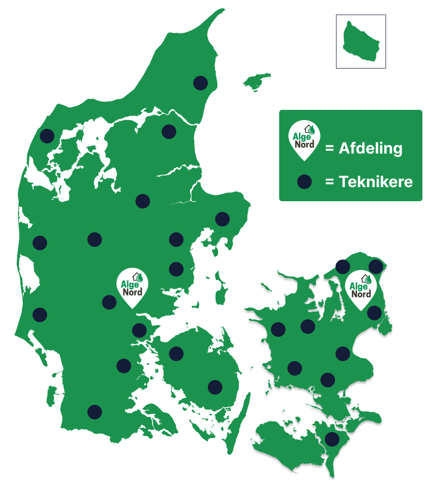 Landsdækkende service i hele Danmark. AlgeNord dækker hele Danmark.